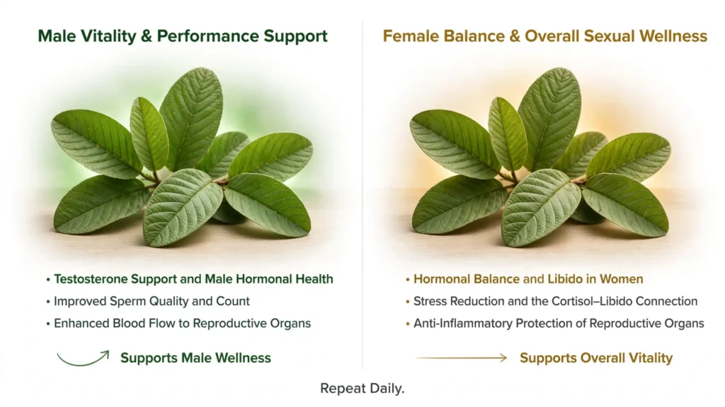 Guava leaves infographic showing male and female wellness benefits Image