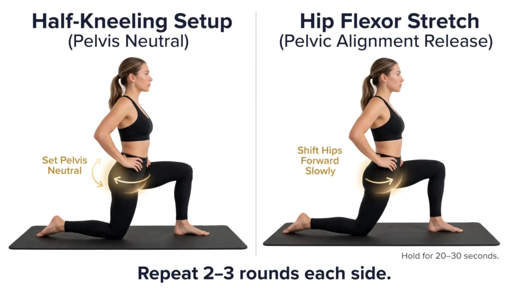 Hip flexor stretch pelvic alignment height posture infographic Image