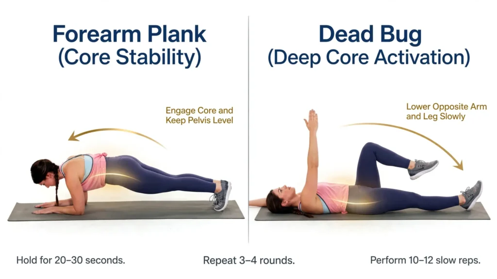 Plank and dead bug core height posture exercise infographic Image