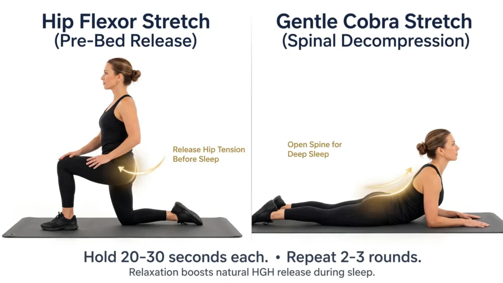 Pre bed hip flexor and cobra height sleep HGH infographic Image