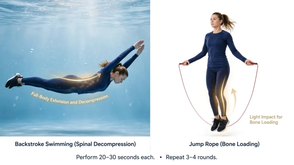Swimming and jump rope height decompression exercise infographic Image