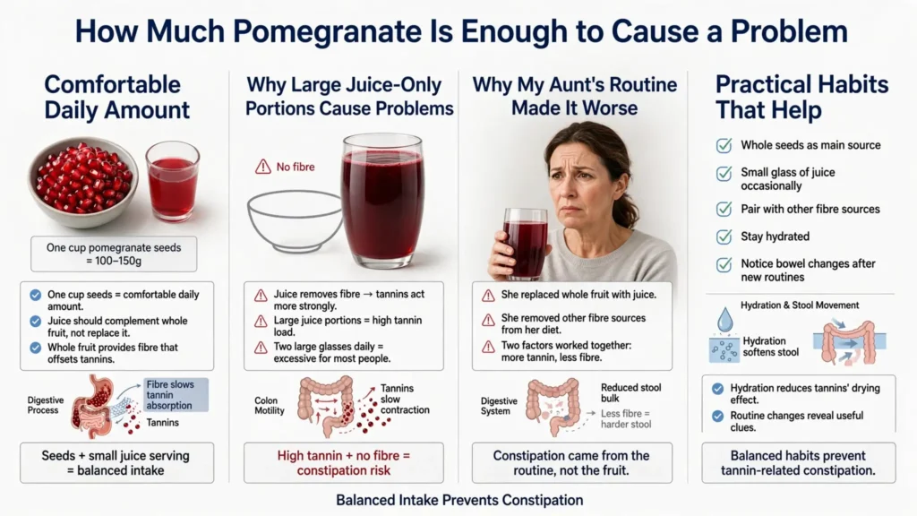 Balanced pomegranate portions explained with constipation risk visuals Image