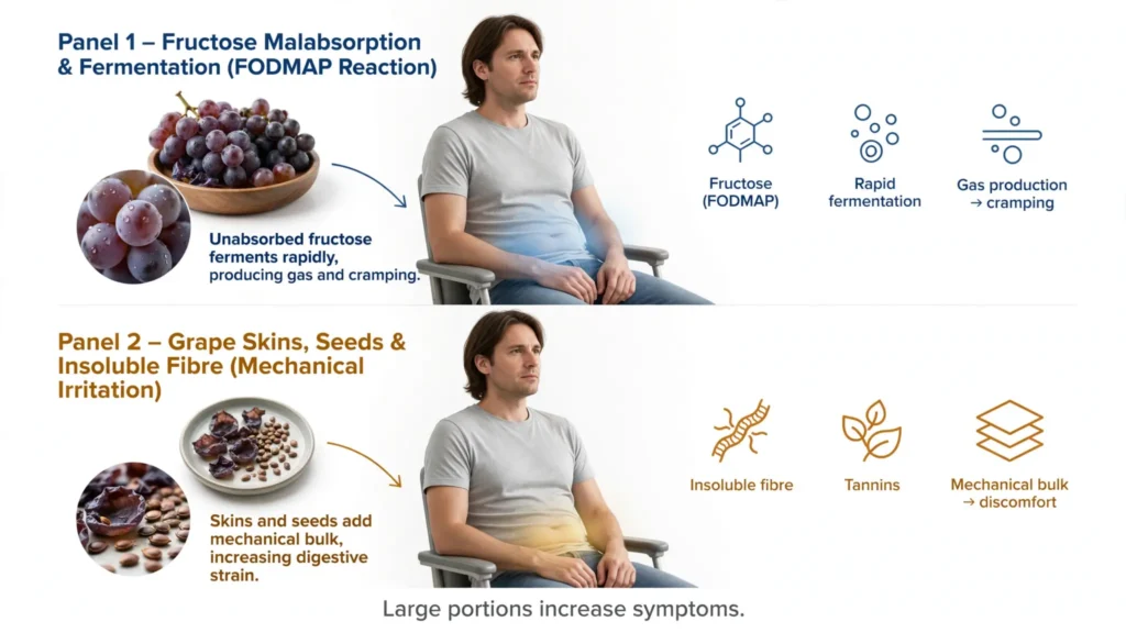 Two-panel graphic showing how grapes can trigger abdominal cramping Image