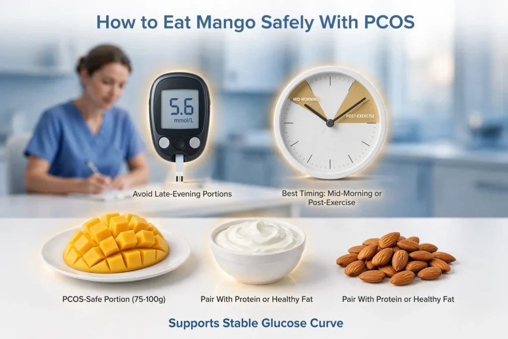 Medical infographic showing PCOS‑safe mango eating method Image