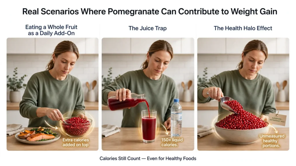 Pomegranate weight‑gain scenarios shown in three panels Image