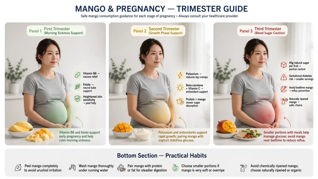 Three-panel infographic showing mango safety and benefits across pregnancy trimesters Image