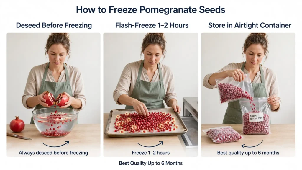 Three-step pomegranate freezing method shown in horizontal panels Image