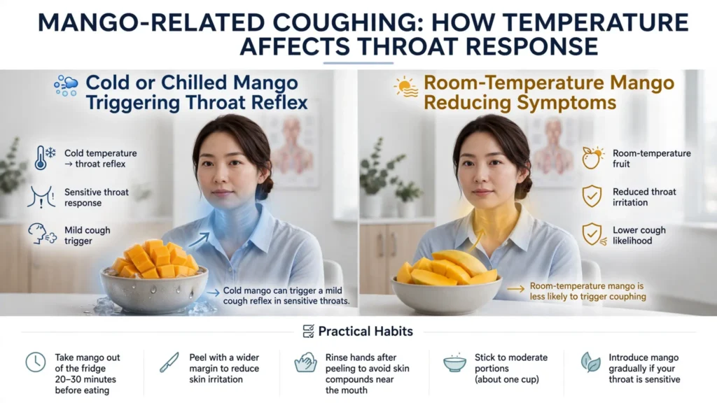 Two-panel graphic showing cold vs room‑temperature mango effects on coughing Image