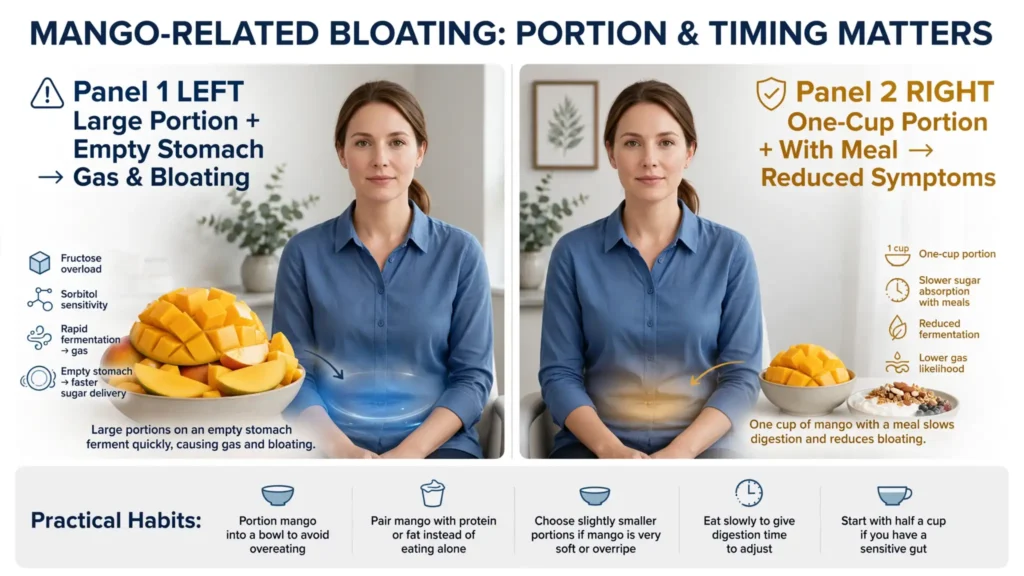 Two-panel graphic showing mango portion size and meal timing effects on bloating Image