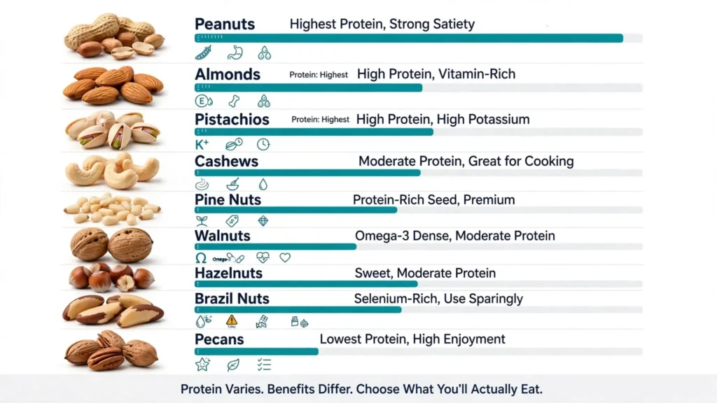 Medical infographic comparing nine high‑protein nuts and benefits Image