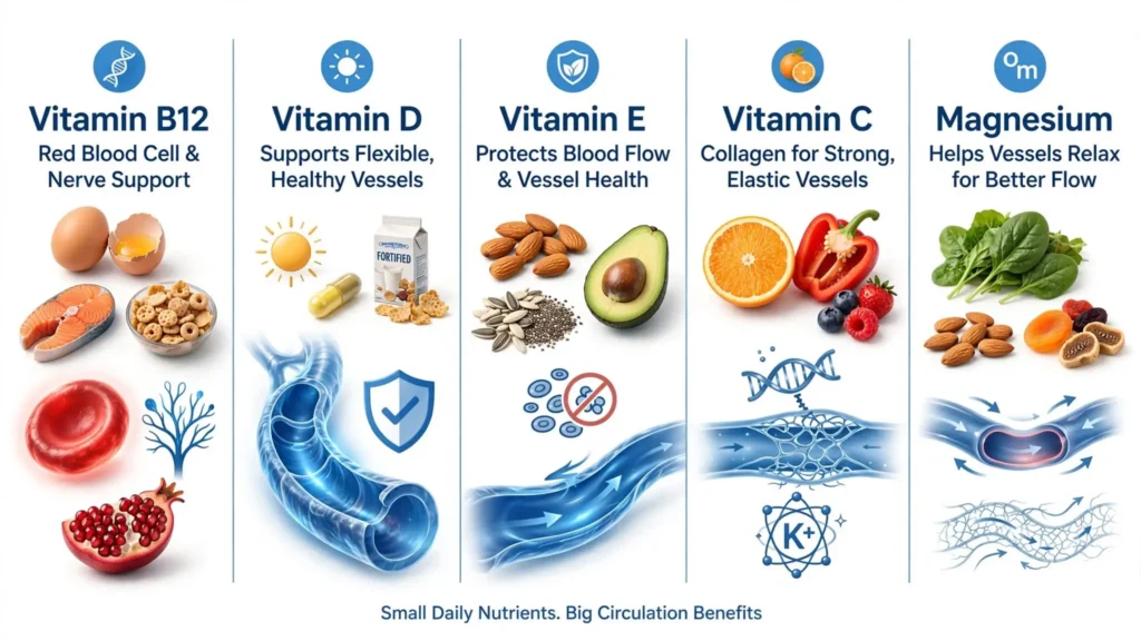    Medical infographic showing five nutrients for better circulation Image