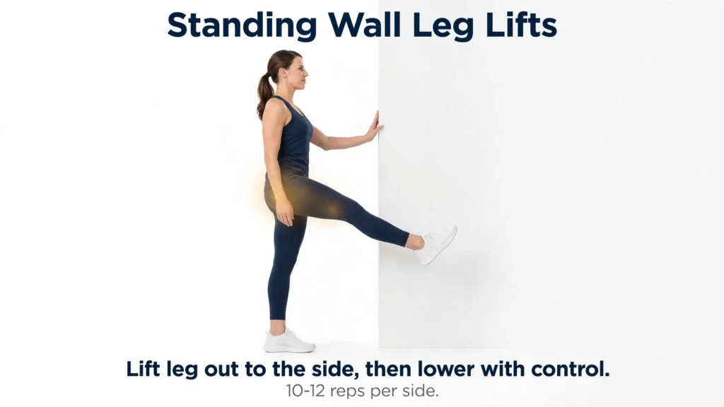 Standing wall leg lift for hip and outer thigh strength Image