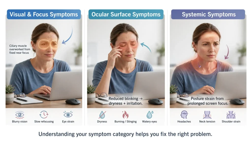 Three panel graphic showing different screen fatigue symptoms in the eyes, neck, and shoulders Image