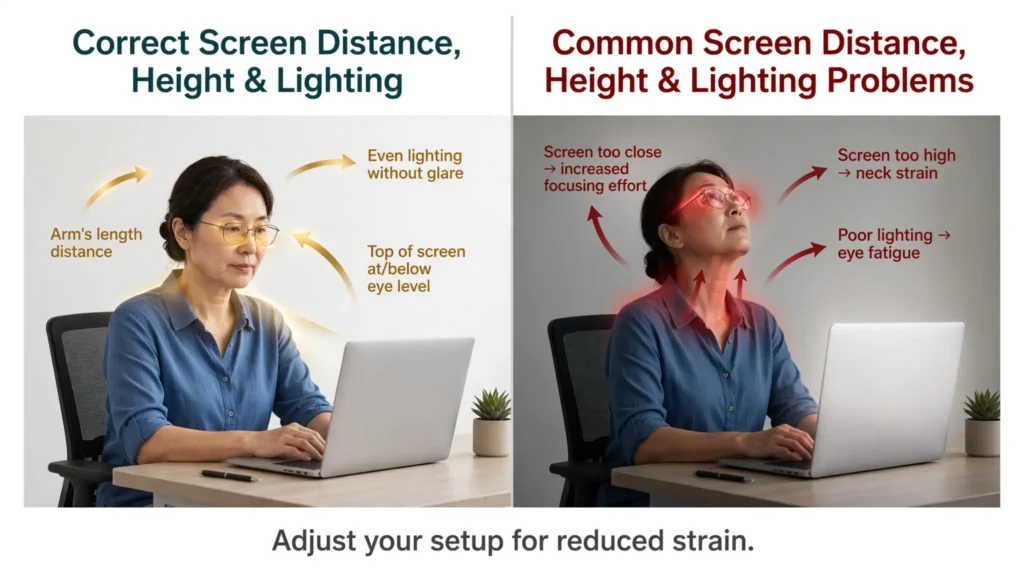Two panel graphic showing correct vs incorrect screen distance, height, and lighting Image