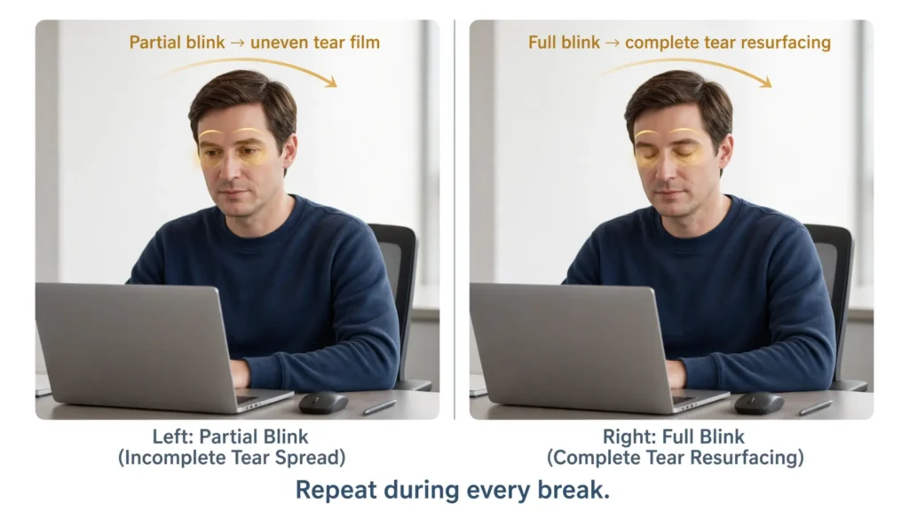 Two panel graphic showing partial blink vs full blink for tear film resurfacing Image