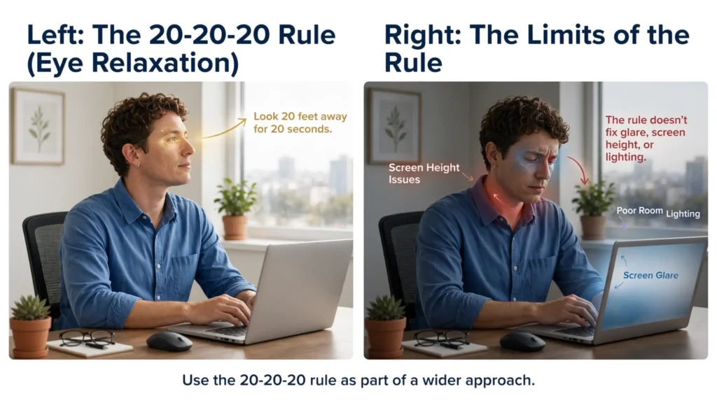 Two panel graphic showing the 20 20 20 eye relaxation rule and its limits Image