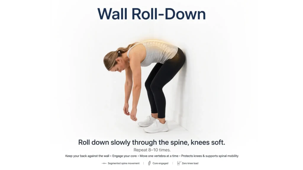 Wall roll down stretch for spinal mobility with soft knees Image