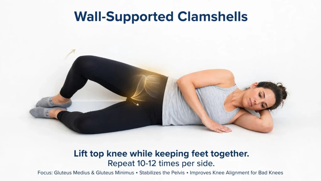 Wall supported clamshell for glute activation and knee alignment Image