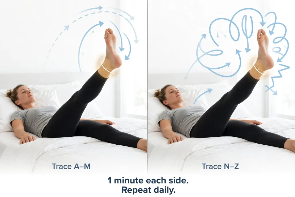 Bed-based ankle alphabet exercise shown in two panels with the foot tracing motion paths Image