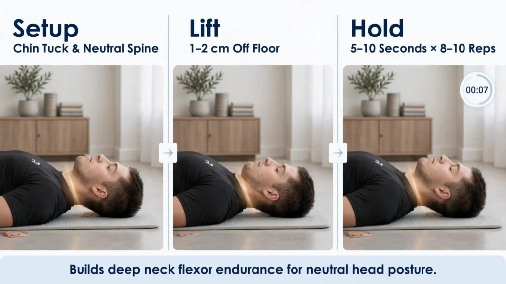 Deep neck flexor endurance hold in three steps: setup, lift, hold Image