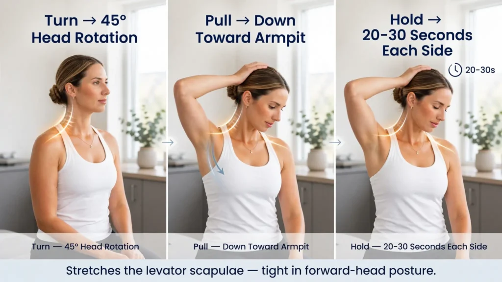 Levator scapulae stretch in three steps: turn, pull, hold Image
