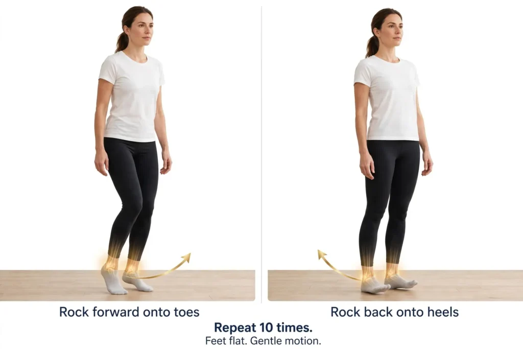 Standing ankle rocks shown in two panels, shifting forward onto toes and back onto heels Image