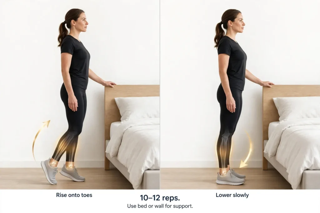 Standing calf raises shown in two panels, rising onto toes and lowering slowly beside a bed Image