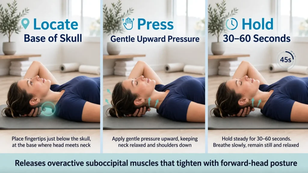 Suboccipital self‑massage in three steps: locate, press, hold Image