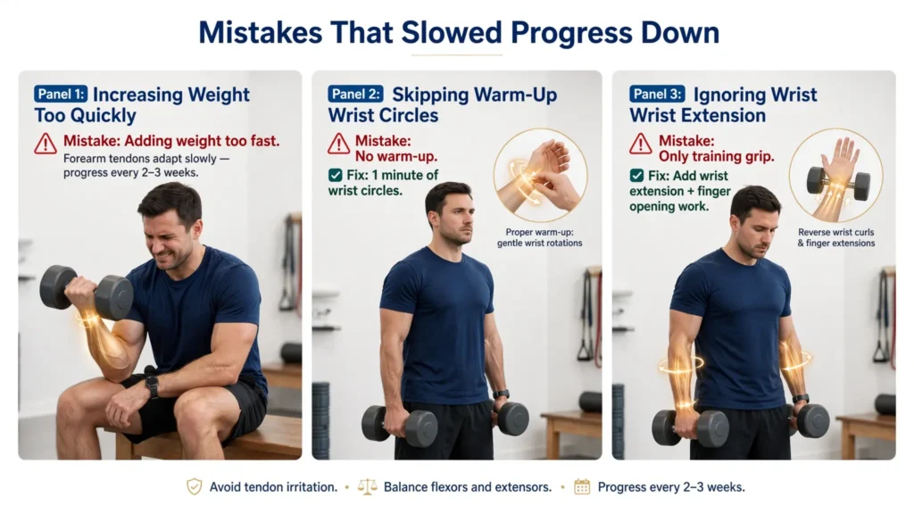 Three panel infographic showing common forearm‑training mistakes and their fixes Image