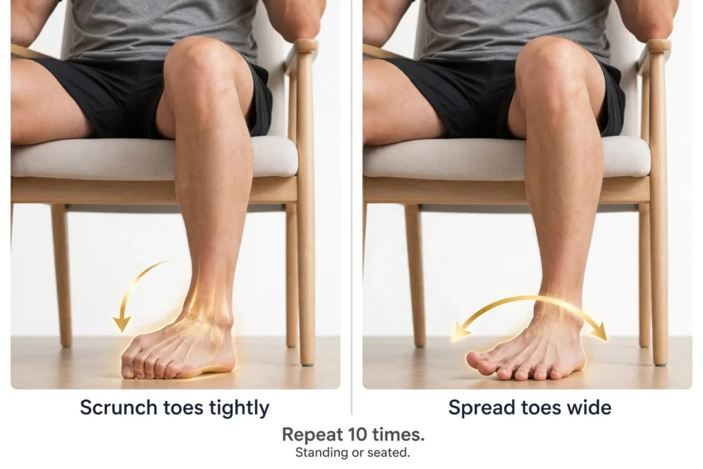 Toe curls and toe spreads shown in two seated panels Image
