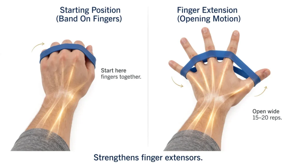 Two panel finger extension exercise using a rubber band Image