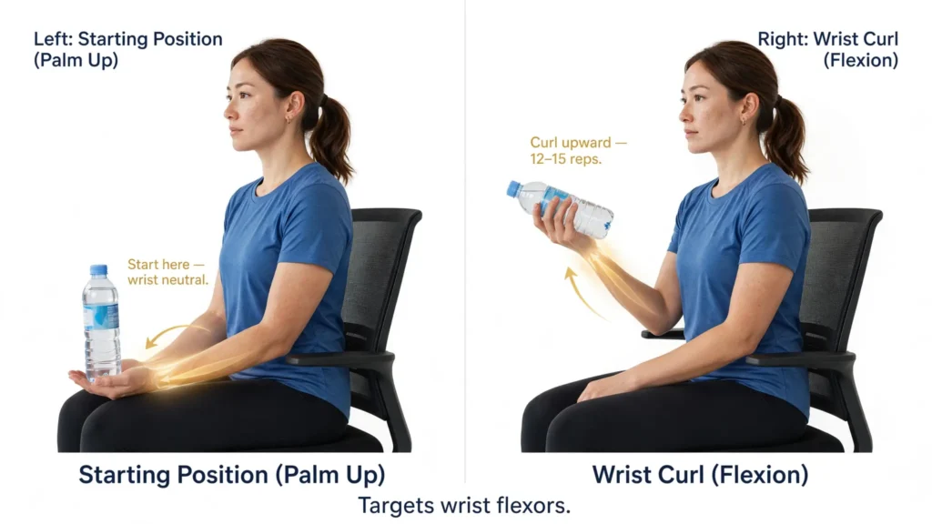 Two panel graphic showing starting position and wrist curl for strengthening wrist flexors Image