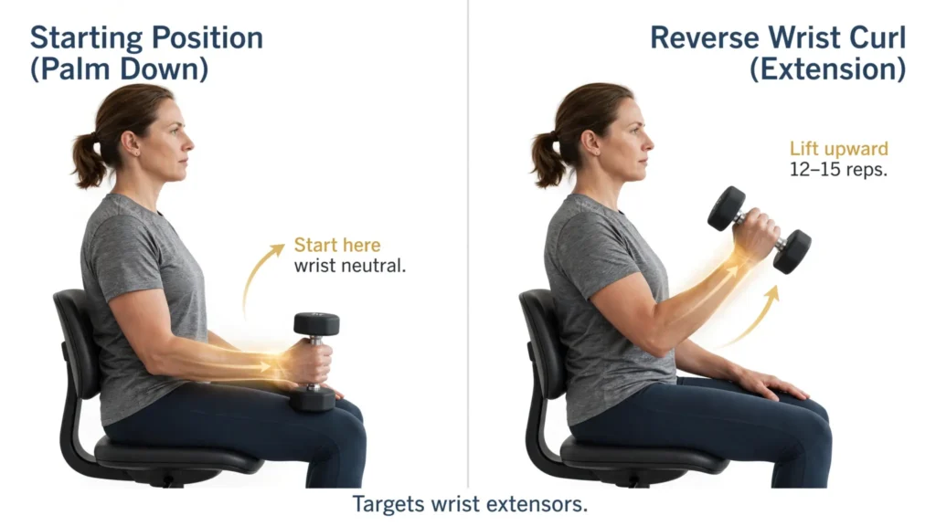 Two panel reverse wrist curl exercise for wrist extensor strength Image