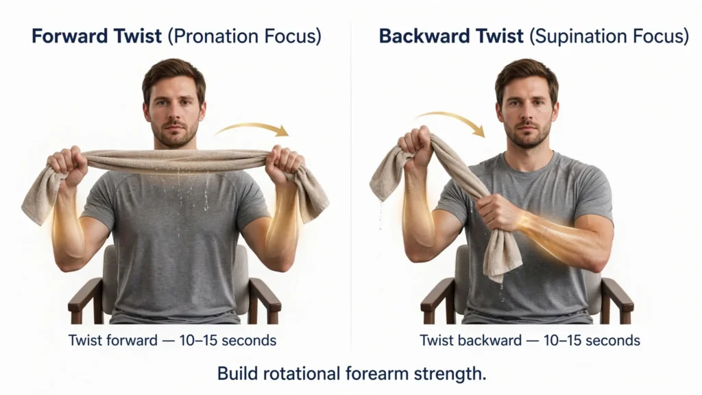 Two panel towel wring exercise for forearm rotation strength Image