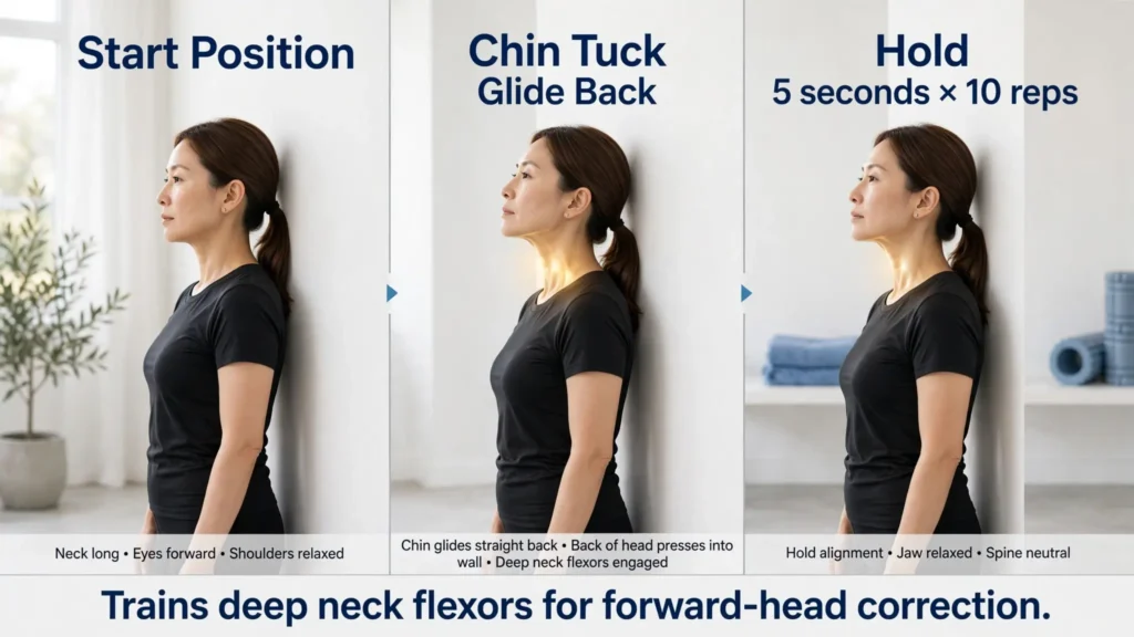 Wall assisted chin tuck in three steps: start, glide back, hold Image