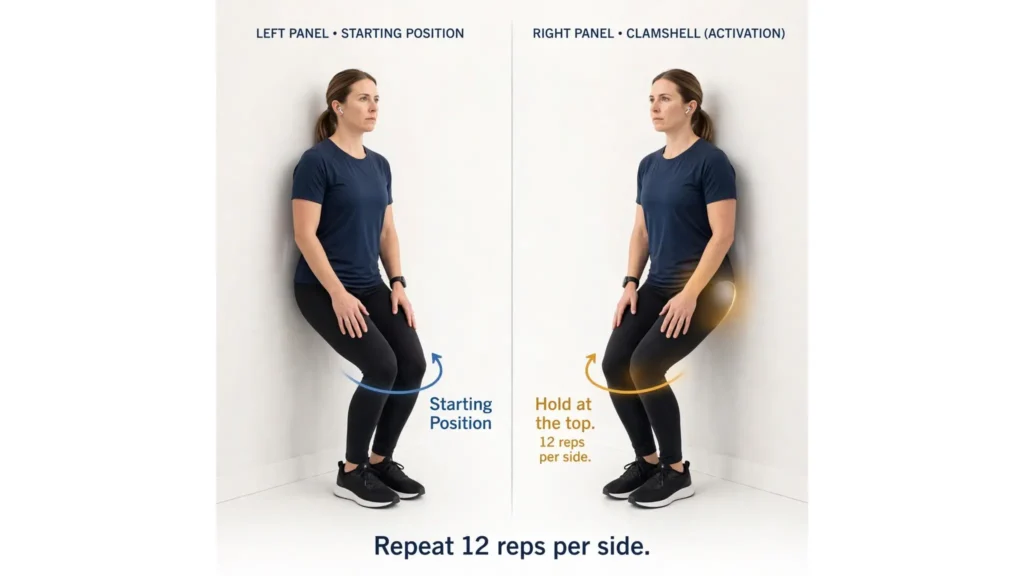 Wall assisted clamshell exercise demo Image