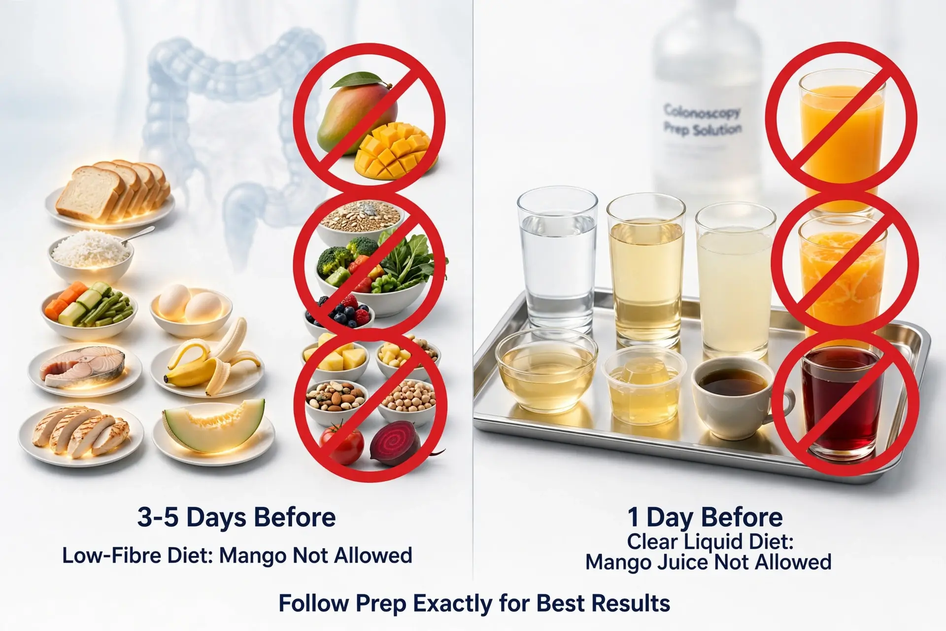 Colonoscopy diet showing allowed and banned items Image