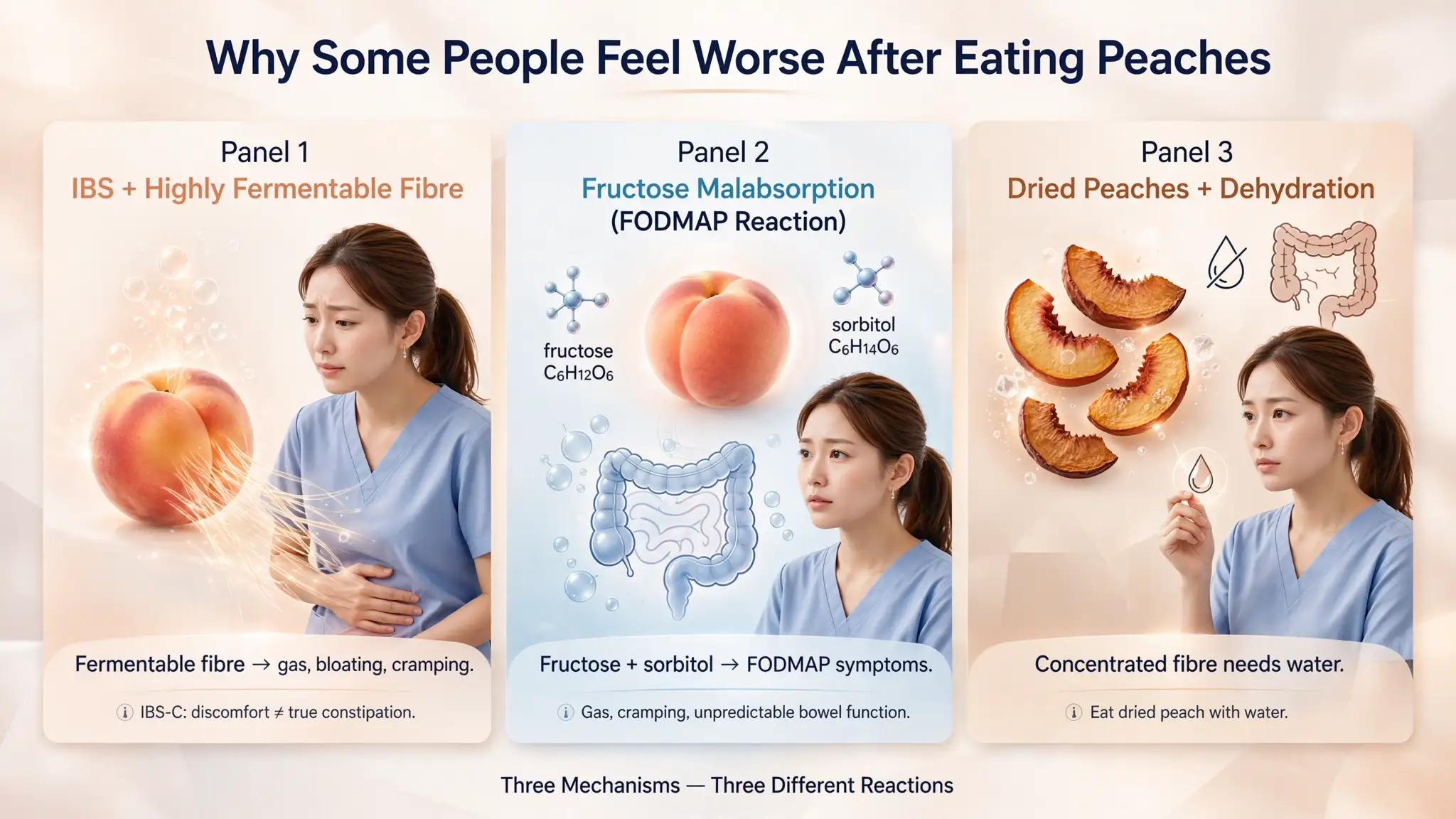 IBS, FODMAP, dehydration effects shown with peaches Image