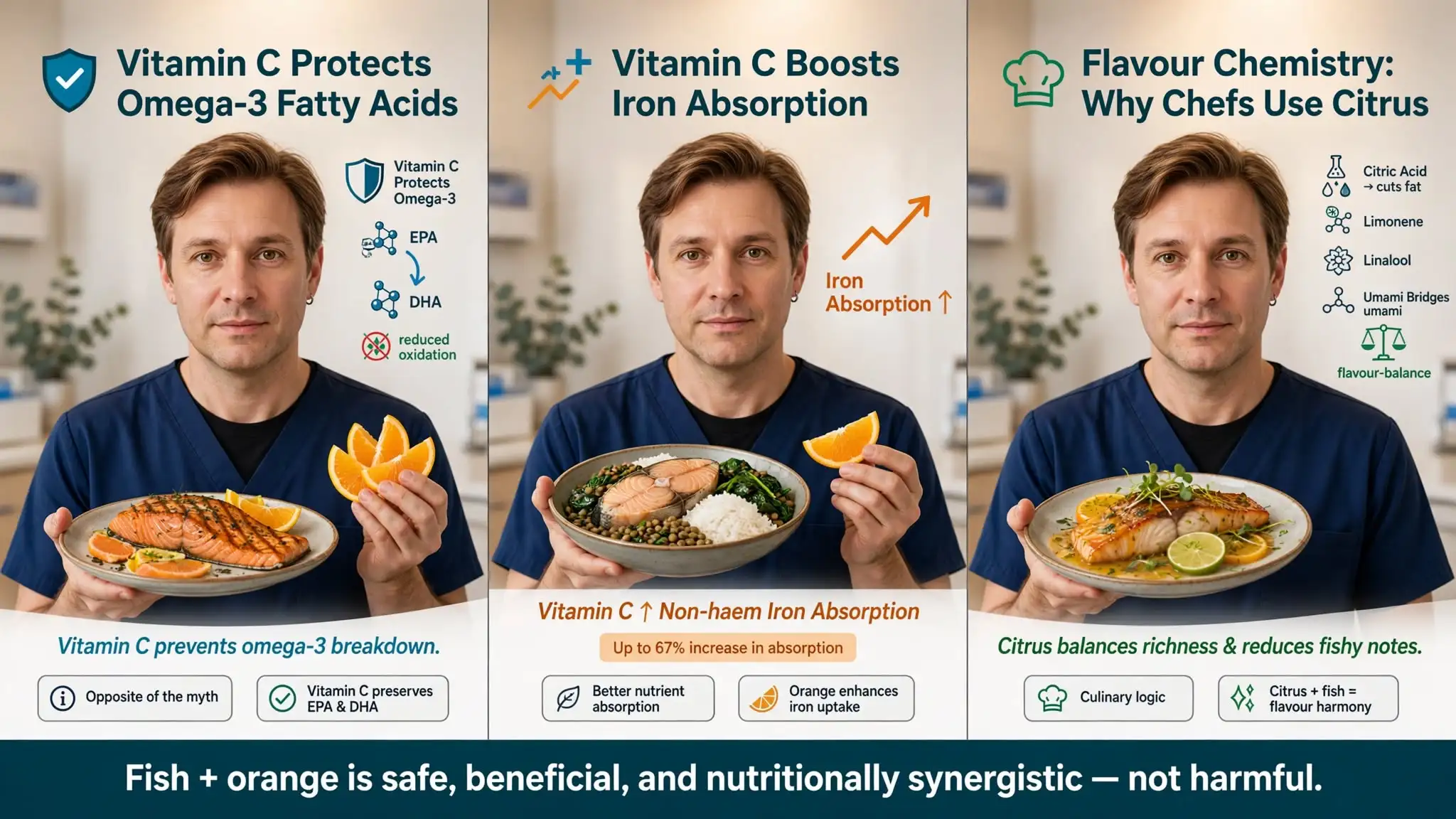 Medical infographic showing benefits of fish with orange Image