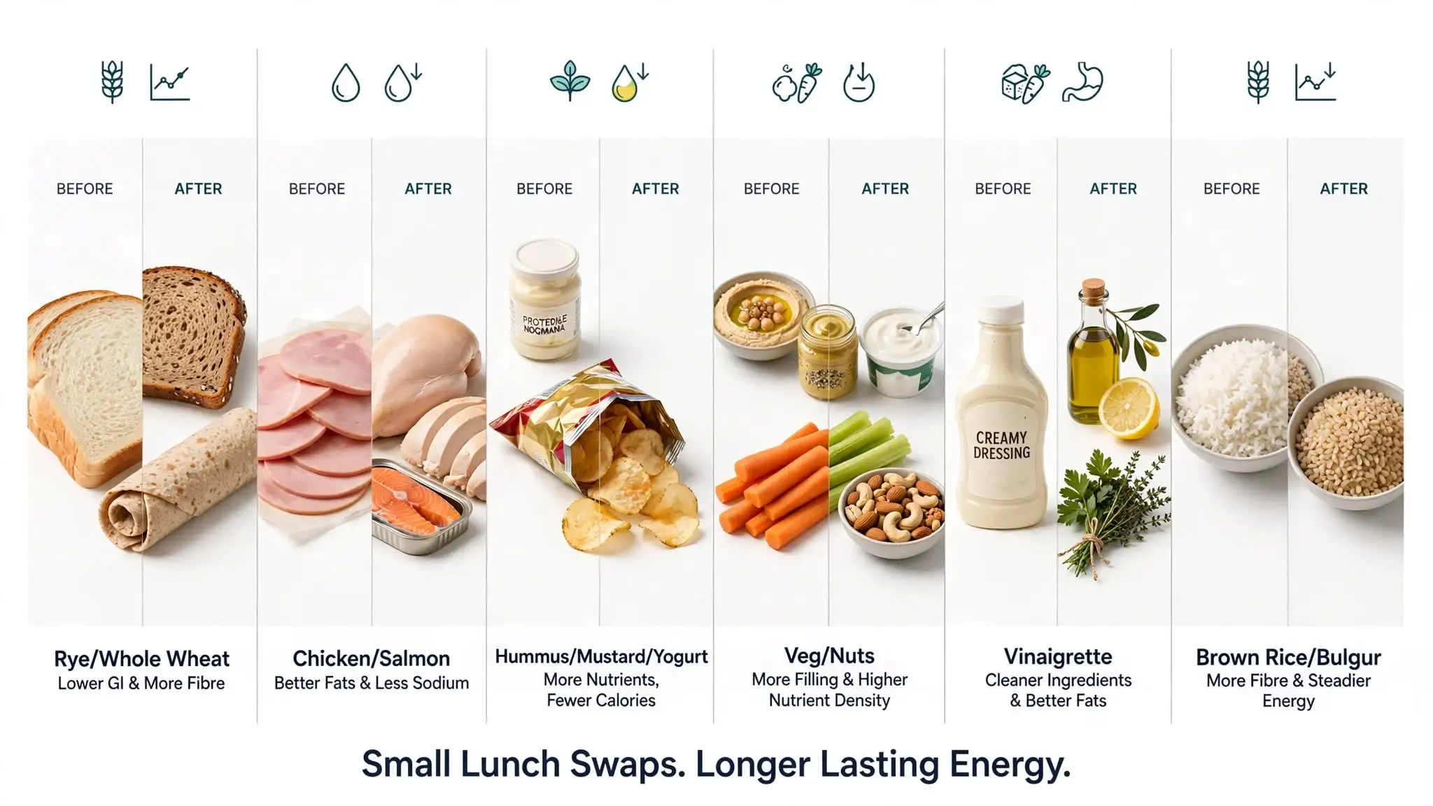 Medical-style infographic showing six healthier lunch swaps Image