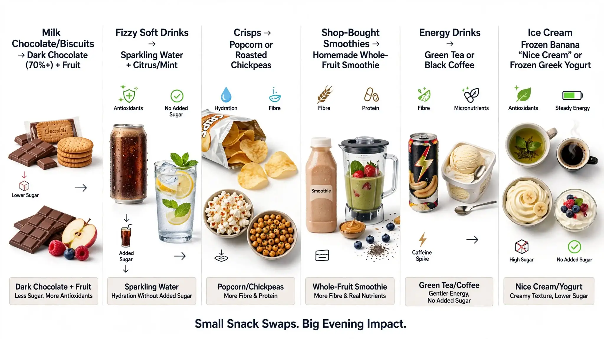 Medical-style infographic showing six healthier snack and drink swaps Image