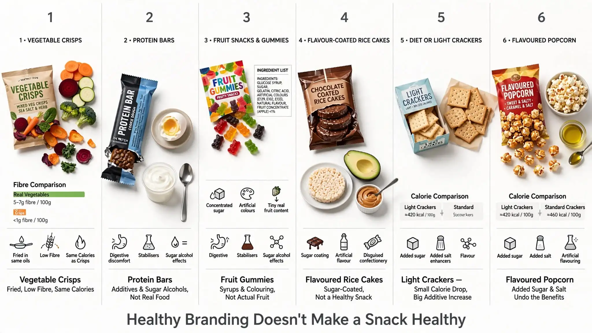 Infographic exposing fake healthy snack marketing claims Image