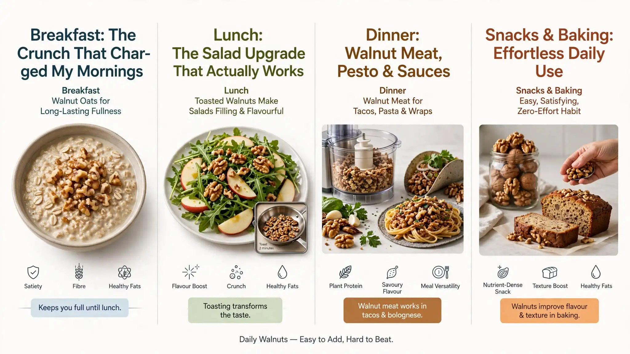 Infographic showing four easy ways to use walnuts Image