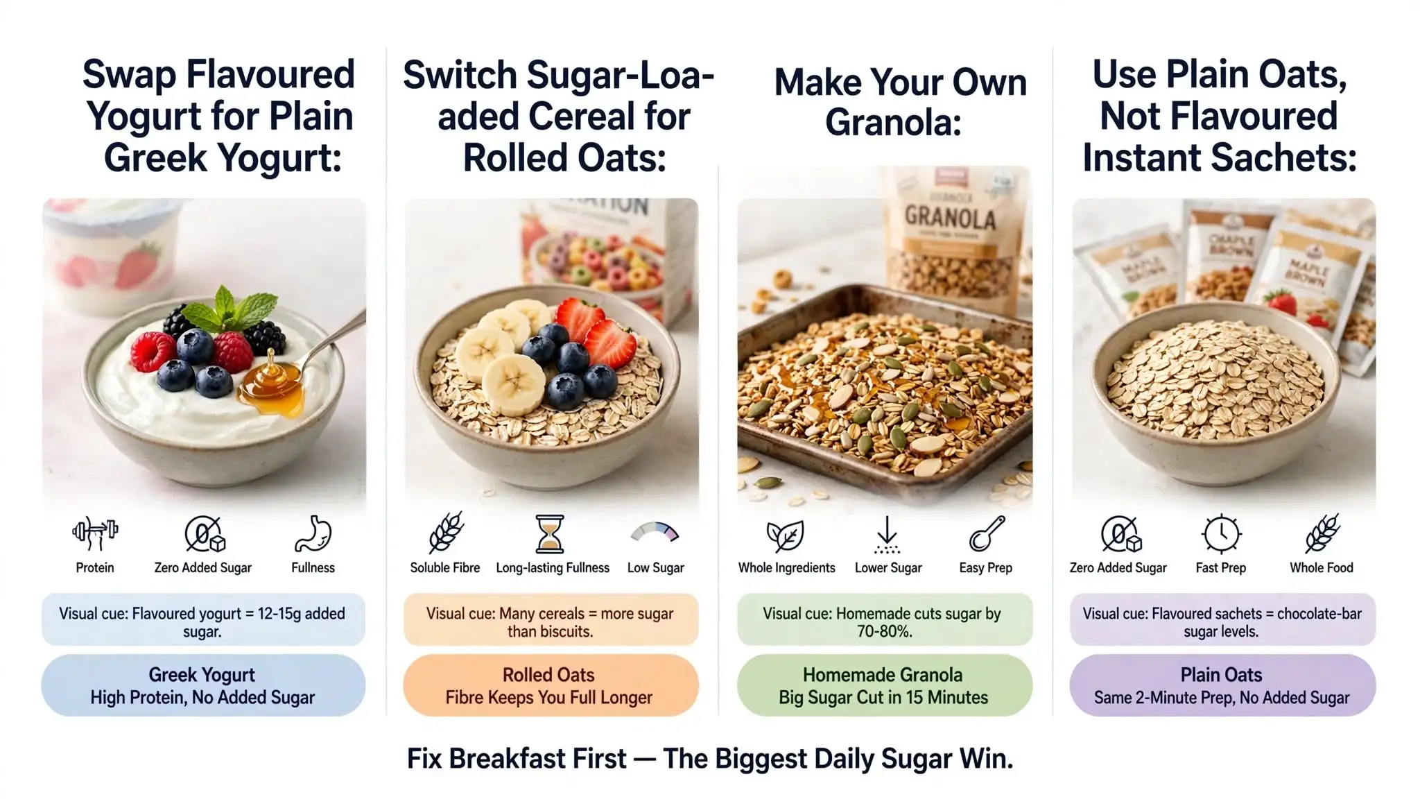 Infographic showing four low‑sugar breakfast swaps Image