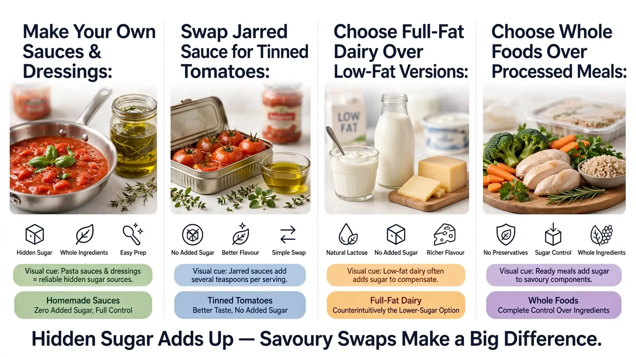Infographic showing four savoury swaps to reduce hidden sugar Image