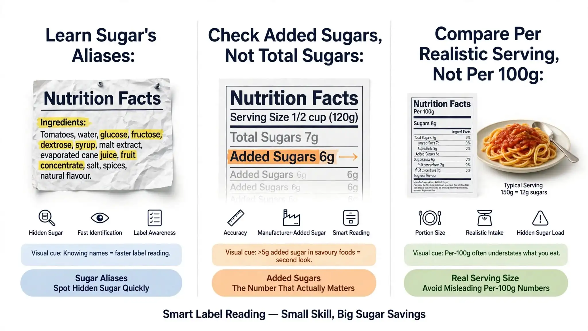 Infographic showing three smart ways to spot hidden sugars Image