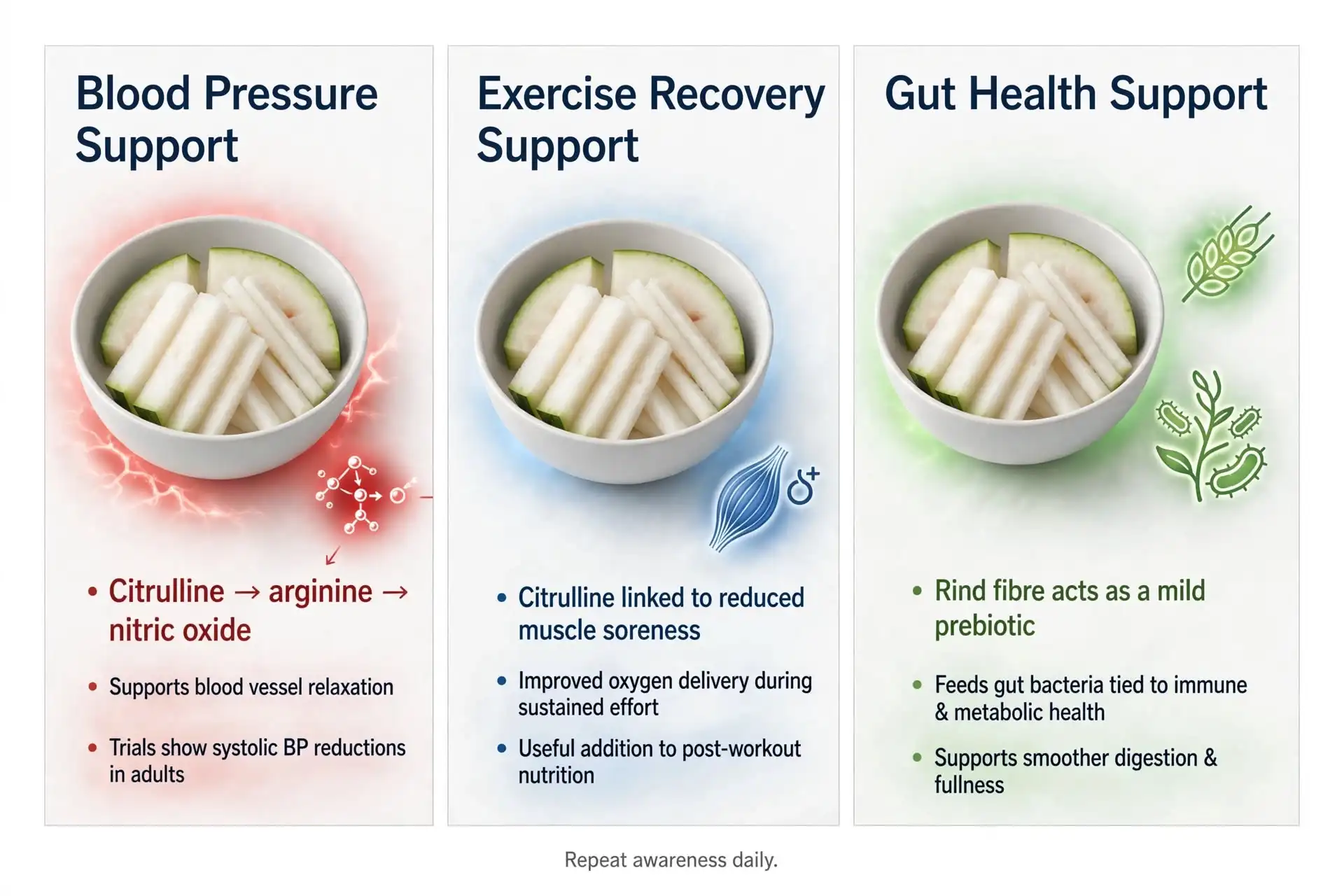 Three panel graphic showing research‑supported watermelon rind benefits Image