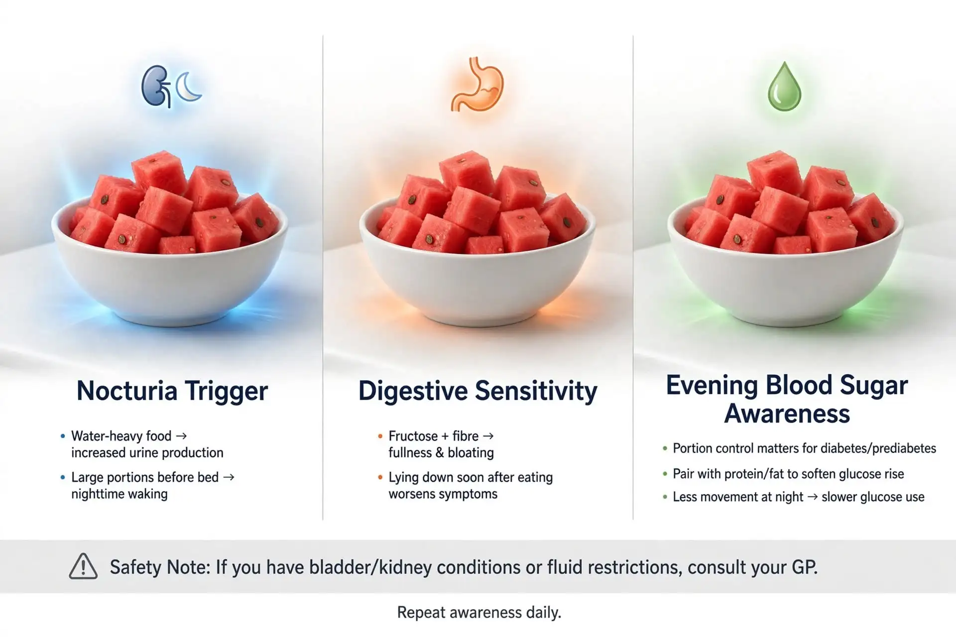 Three‑panel graphic showing nighttime risks of watermelon Image