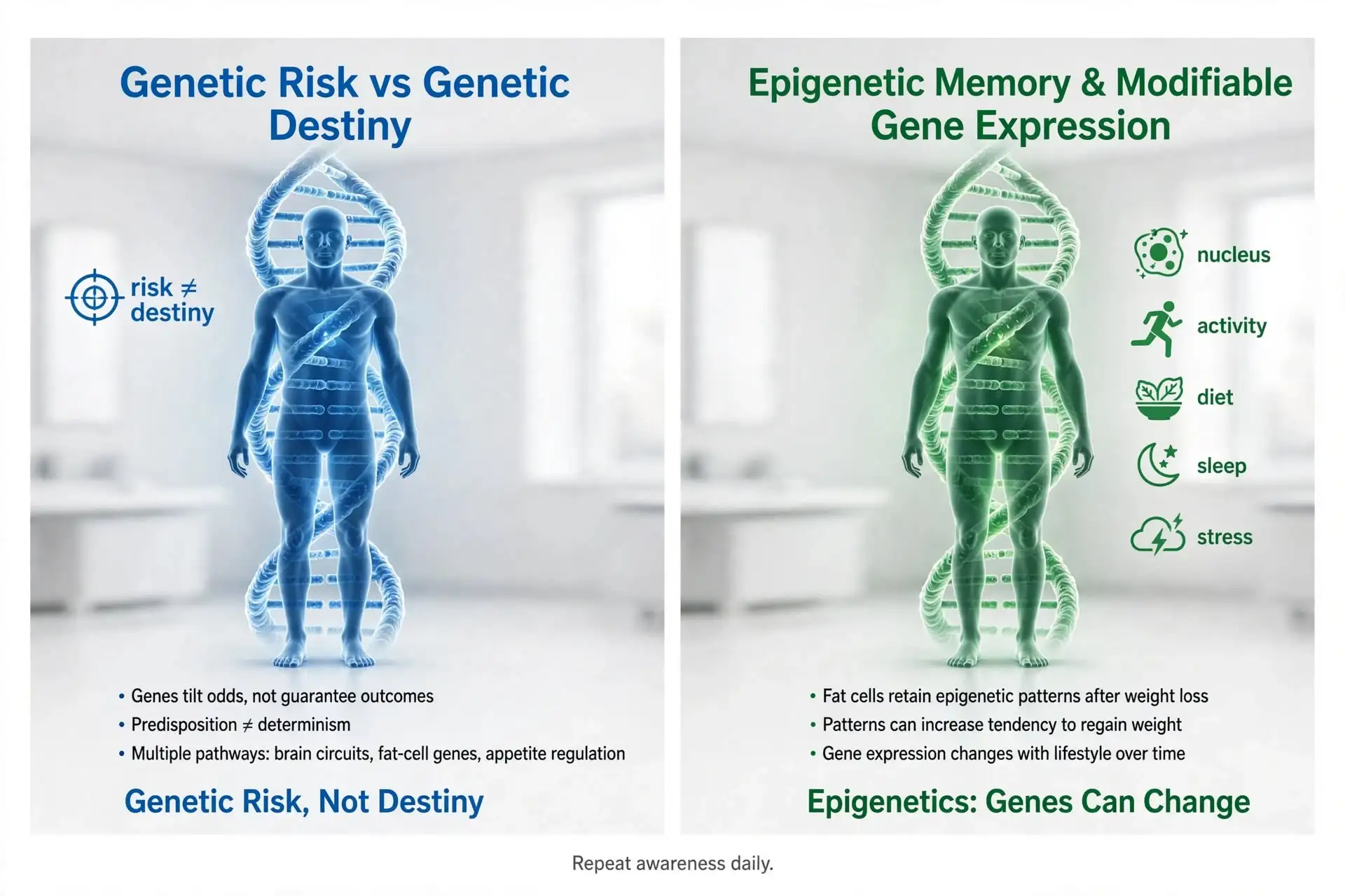 Two‑panel DNA infographic explaining genetic risk and epigenetics Image