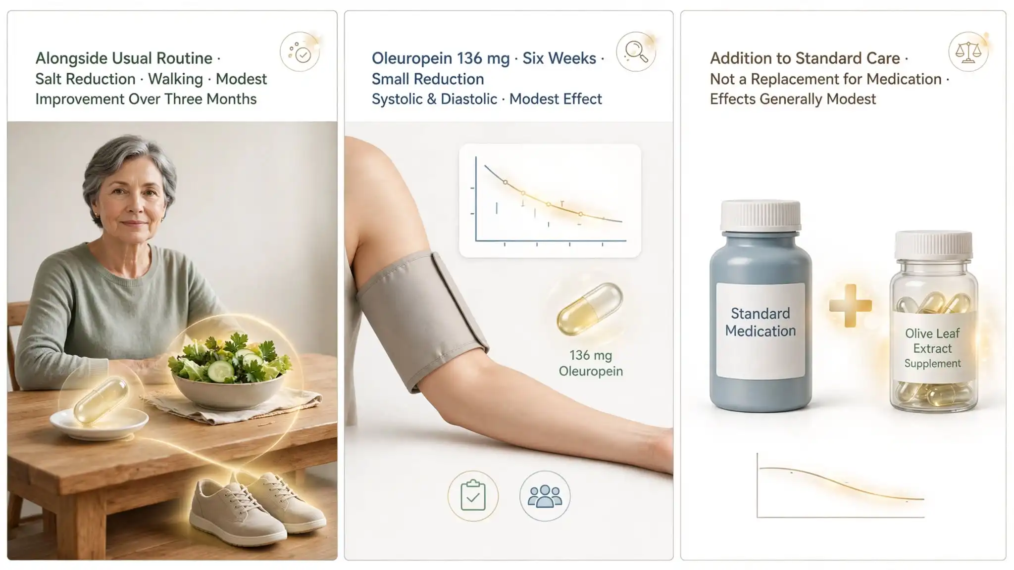Three-panel infographic on olive leaf and blood pressure Image